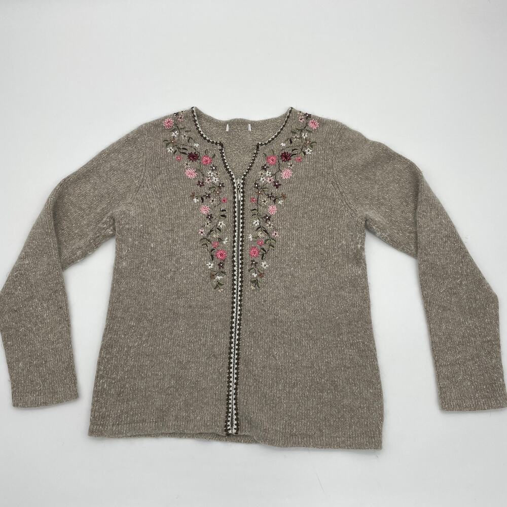 PINE NEEDLES Cardigan Embroidered Silk Angora Lamb Wool  Knit Sweater Women's S
